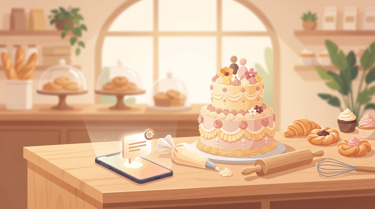 Illustration of a phone with a chat bubble beside a decorated custom cake on a bakery counter with baking tools nearby