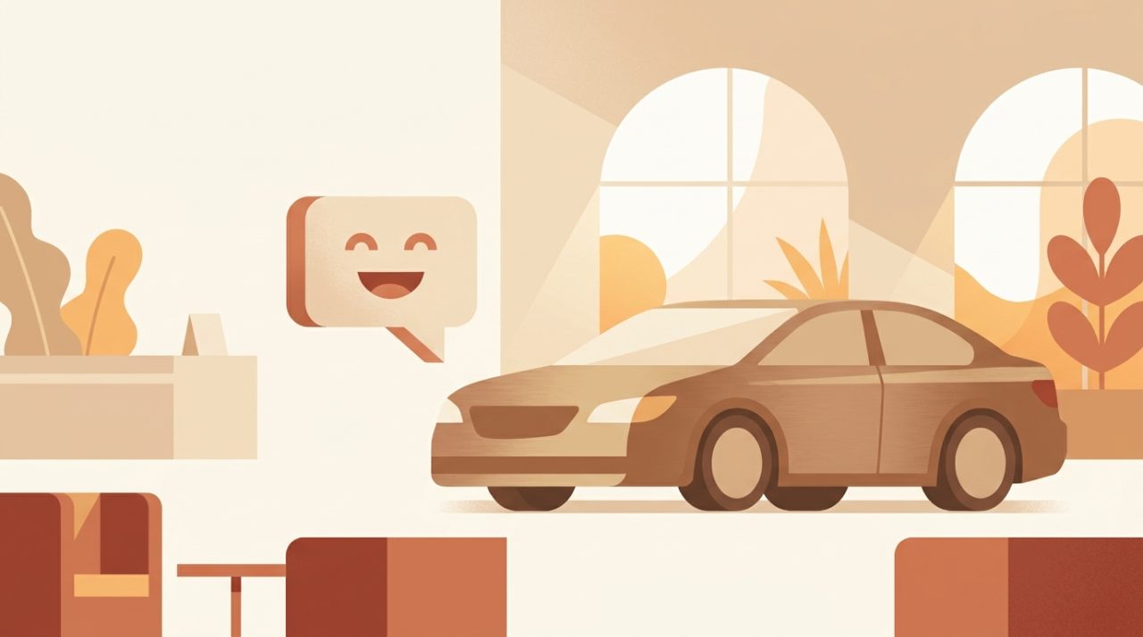 Editorial illustration of a car dealership showroom with a digital chat assistant bubble beside a parked sedan, warm amber tones