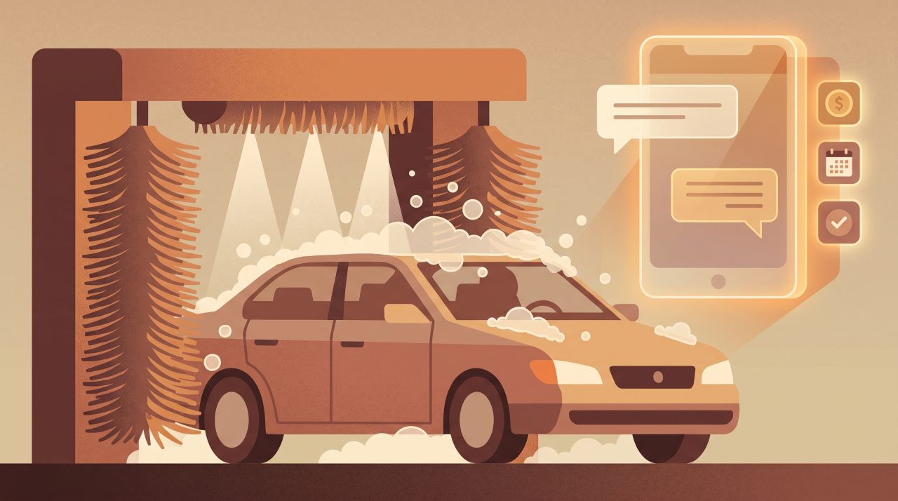 Editorial illustration of a car being washed with a smartphone chat bubble overlay showing a membership pricing conversation, warm tones with amber accents