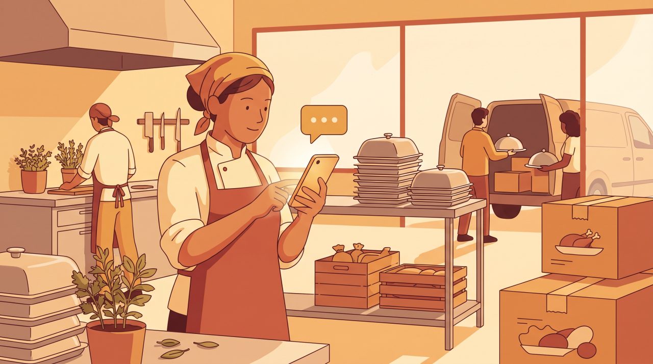 Illustration of a catering business owner checking a WhatsApp-style chat on a smartphone in a commercial kitchen while event food trays are being prepared