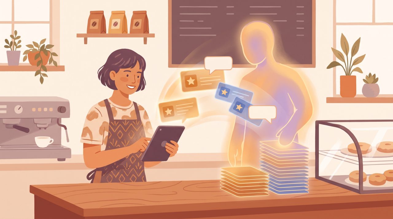 Illustration of a café owner at the counter reviewing organized customer review cards from a tablet with a soft AI assistant glow, espresso machine behind