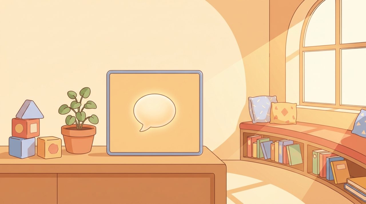 Warm illustration of a daycare reception area with a glowing chat bubble icon on a tablet, surrounded by toy blocks, a plant, and a cozy children's reading nook