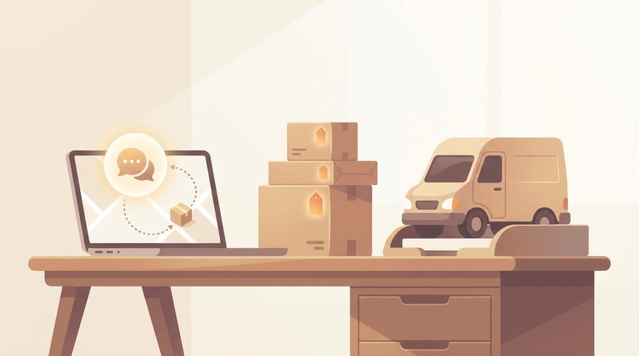 Editorial illustration of a delivery company's order tracking desk, with a courier van, labelled parcels, and a chat bubble showing a package moving along a route on a map