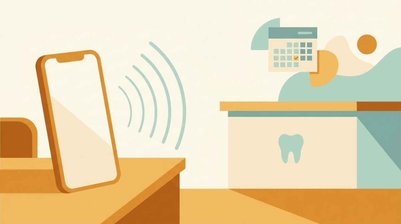 Editorial illustration of an AI voice receptionist concept for a dental clinic, with a phone emitting sound waves beside a reception desk and appointment calendar in warm amber and teal tones