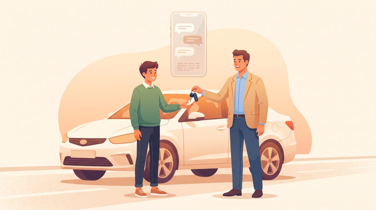 Illustration of a driving instructor handing car keys to a student beside a car, with a chat bubble icon suggesting an AI booking conversation.