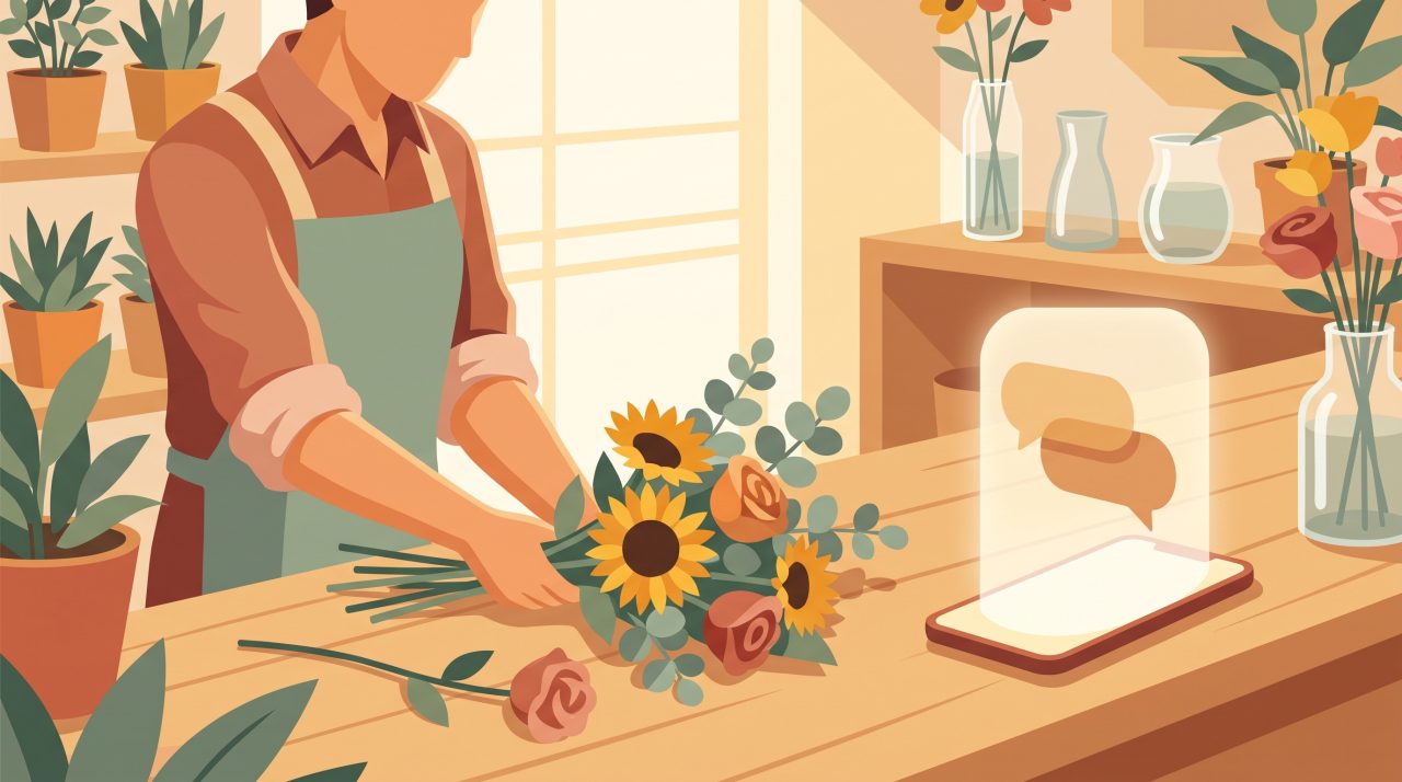 Editorial illustration of a florist arranging flowers while a smartphone nearby displays warm amber chat bubbles representing automated customer orders