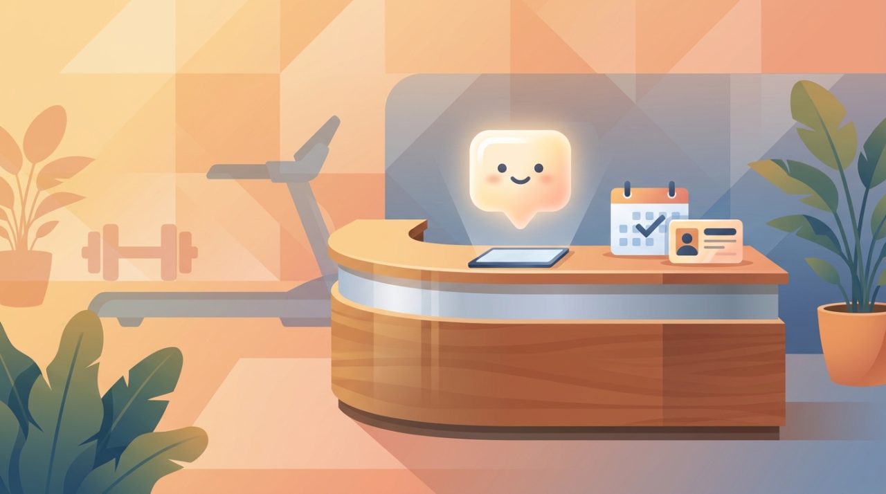 Warm, welcoming gym reception area with a soft glowing chat bubble icon floating near the front desk, suggesting an automated AI assistant, with dumbbell and treadmill silhouettes in the background.