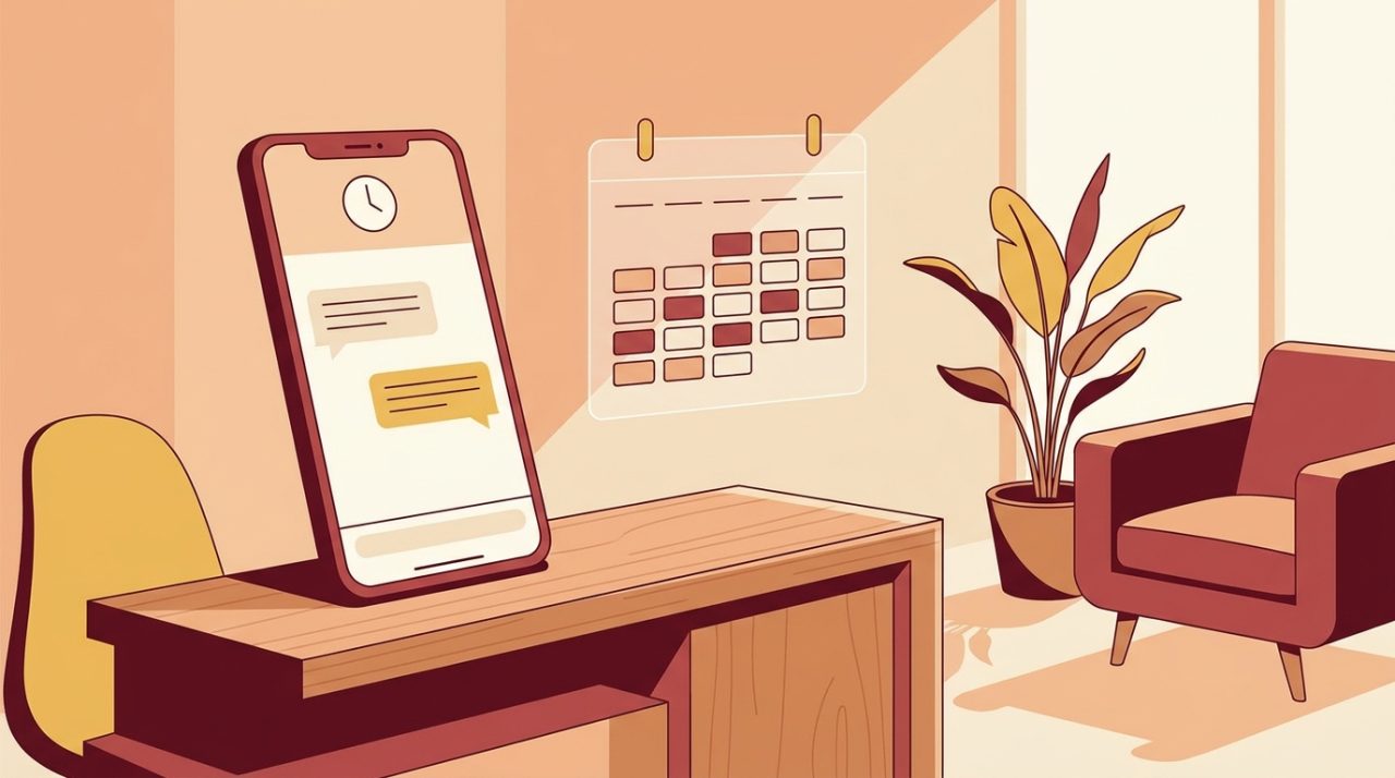 Editorial illustration of a hair salon reception with a smartphone showing an AI booking chat and a calendar of filled appointment slots, in warm amber tones.