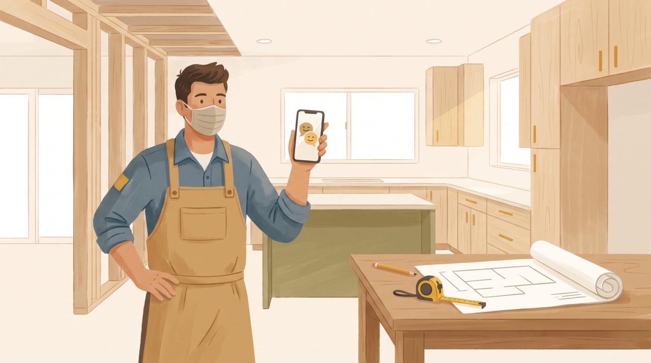 Illustration of a renovation contractor in a half-finished kitchen remodel checking a chat conversation on his smartphone, with blueprints and a tape measure on a workbench
