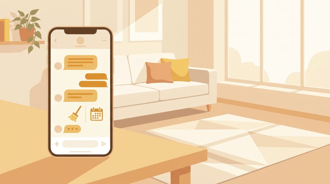 Illustration of a friendly AI chat interface on a phone next to a bright, tidy home living room, symbolizing an AI chatbot booking a house cleaning appointment