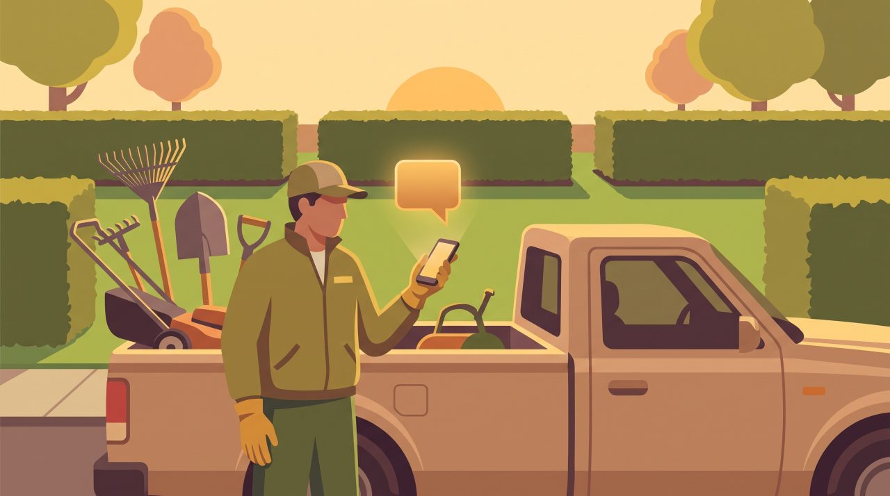 Illustration of a landscaping business owner checking a smartphone chat while outdoors near garden tools and neatly trimmed greenery