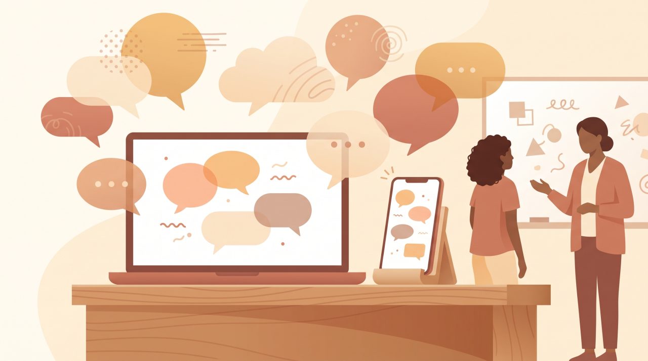 Illustration of a warm, modern language school reception with a laptop and phone showing a chat, surrounded by speech bubbles representing many languages