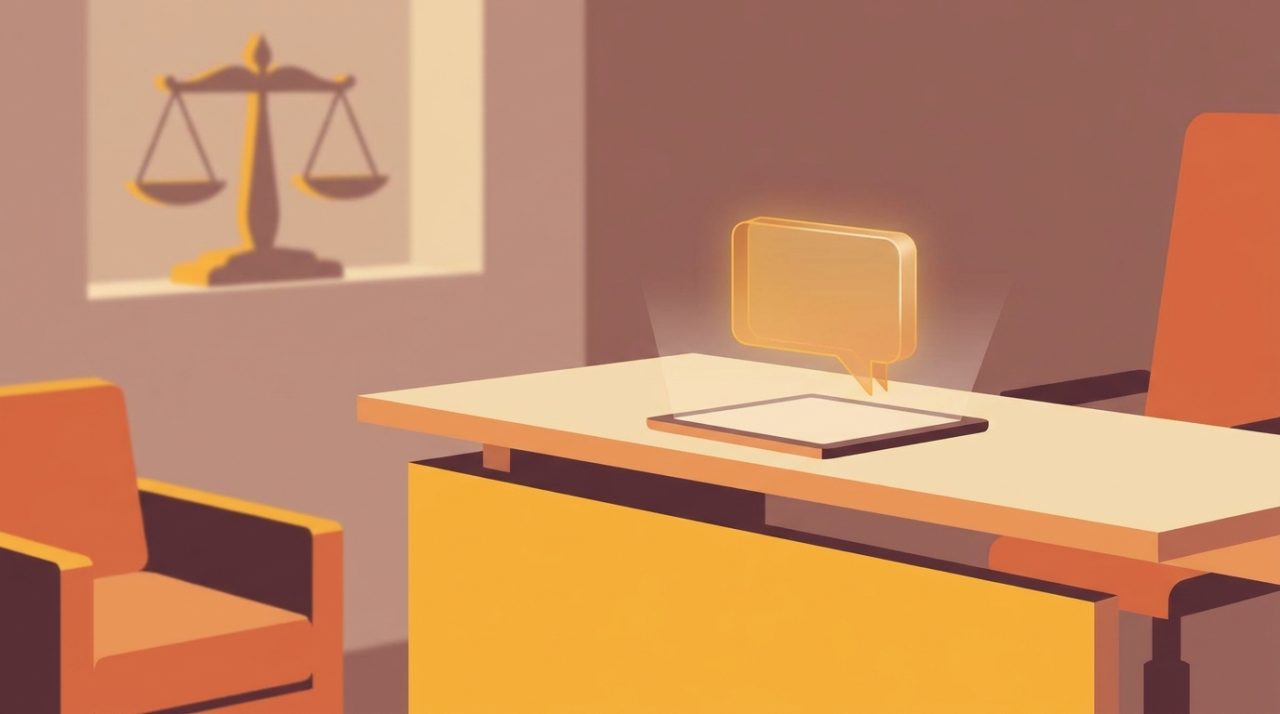 Editorial illustration of a warm law office desk with a glowing AI chat interface and a subtle scales-of-justice motif in the background