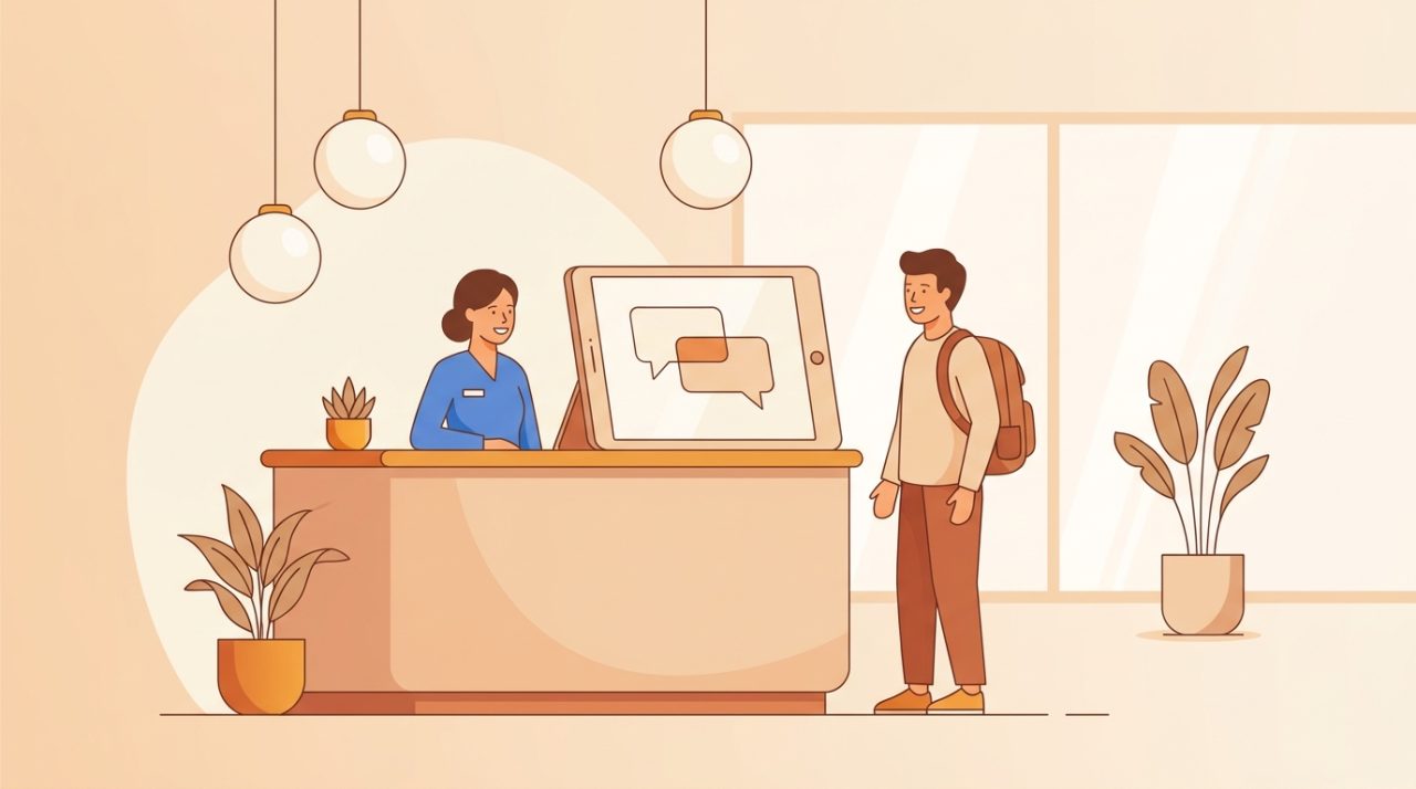 Editorial illustration of a warm, modern medical clinic reception desk with a tablet showing a simple chat conversation interface