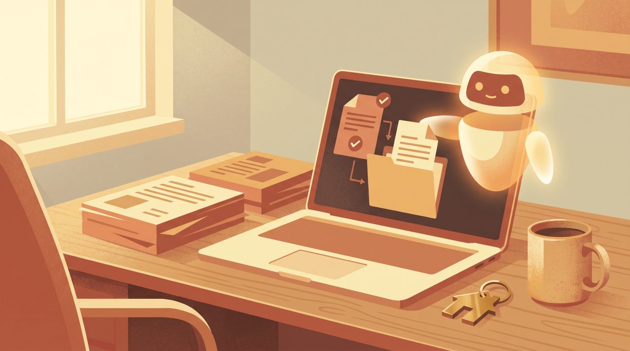Illustration of a mortgage broker's desk where an AI assistant sorts borrower documents into neatly checked folders on a laptop, in warm amber tones