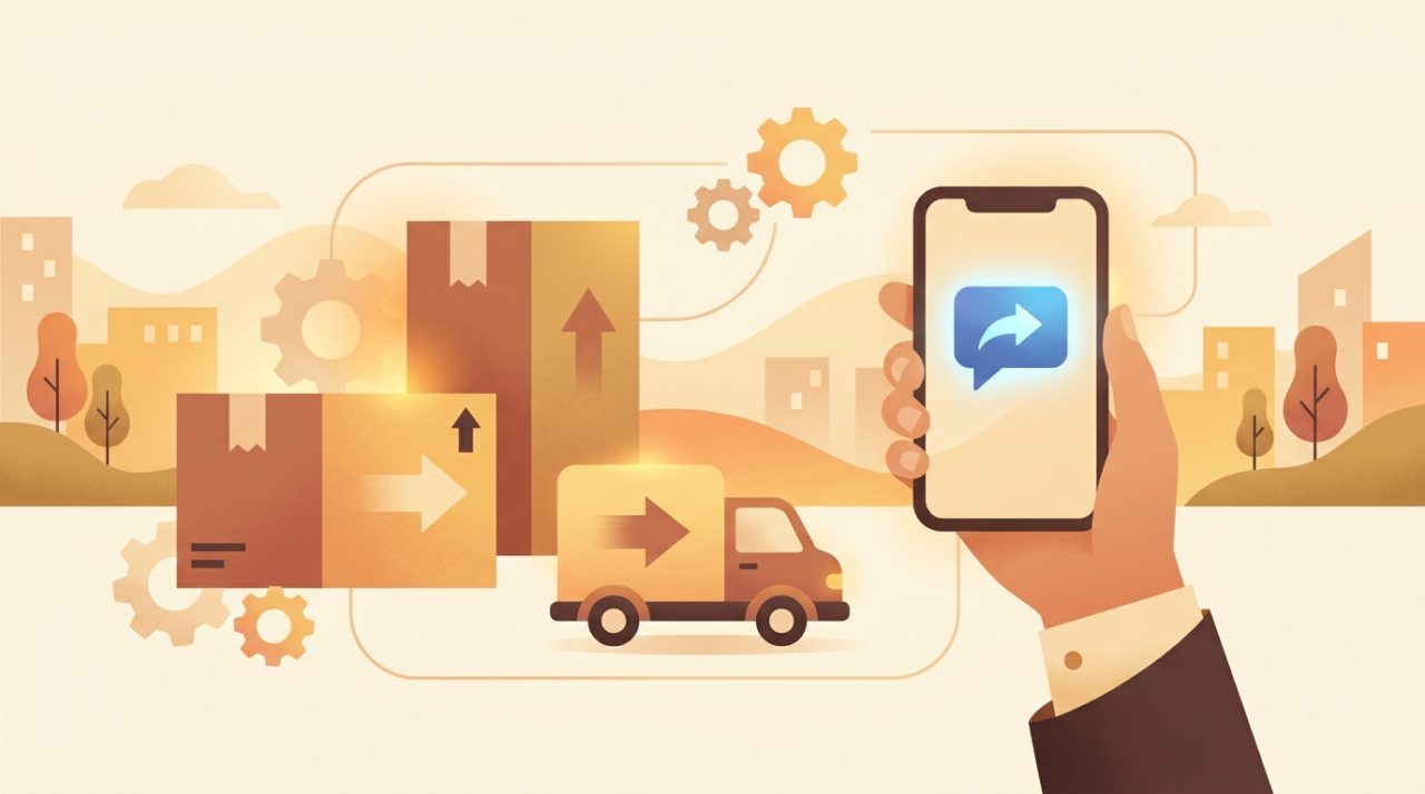 Editorial illustration of moving boxes, a small moving truck, and a smartphone with a chat bubble, in warm amber tones
