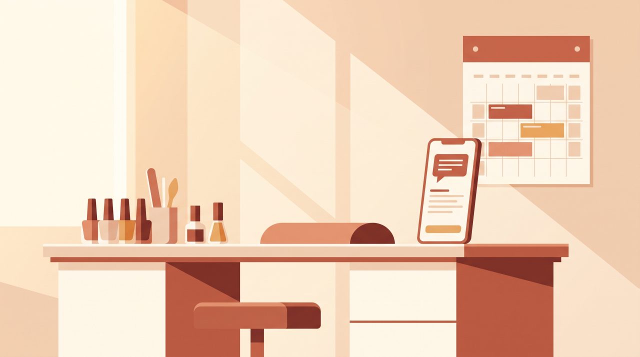 Flat-design illustration of a nail salon manicure station with a smartphone showing a booking chat conversation and an appointment calendar