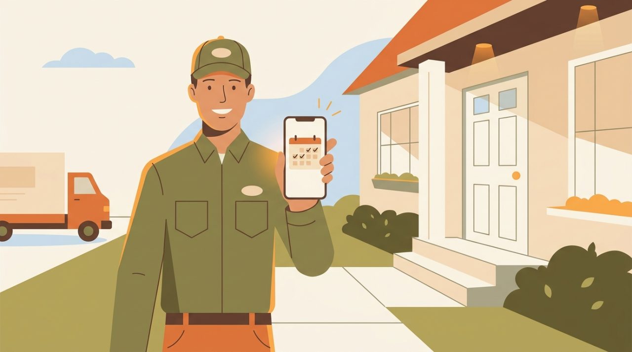 Illustration of a pest control technician reviewing a booking calendar on a tablet outside a suburban home