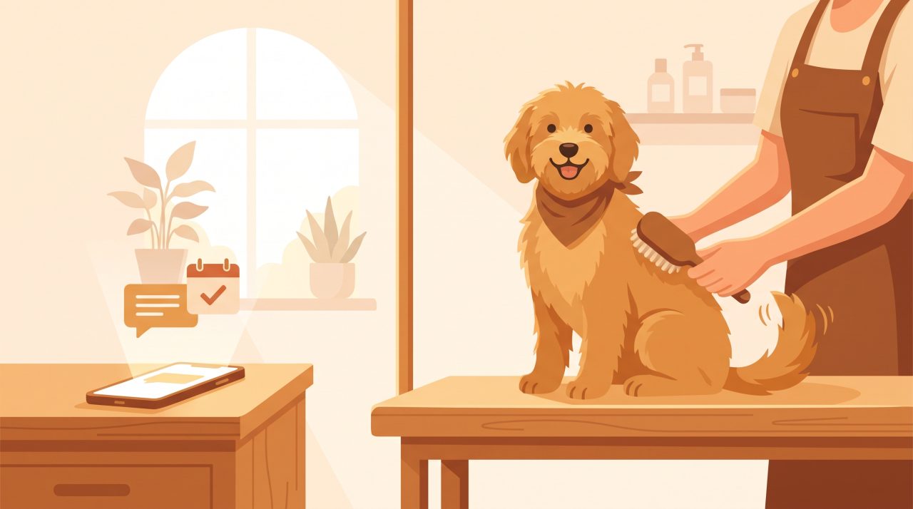 Editorial illustration of a happy groomed dog on a salon grooming table with a groomer brushing it, and a smartphone nearby showing a chat and calendar icon representing appointment booking