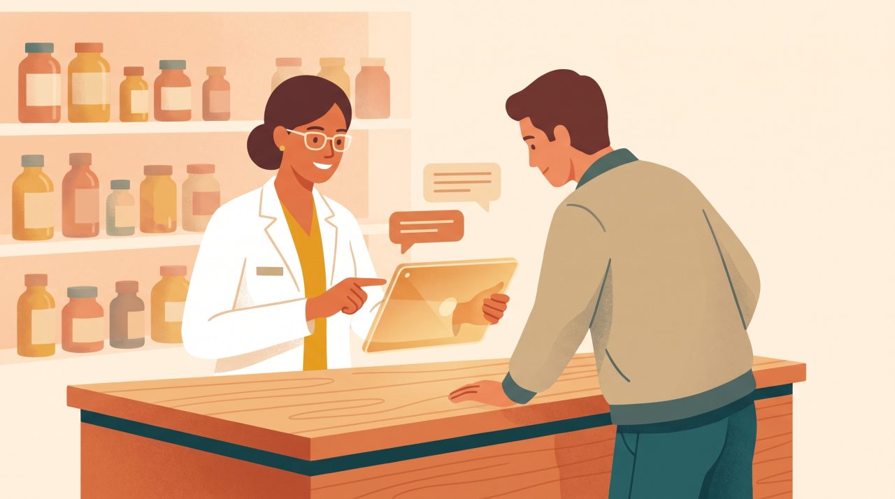 Editorial illustration of a pharmacist assisted by a friendly AI chat interface in a modern pharmacy setting