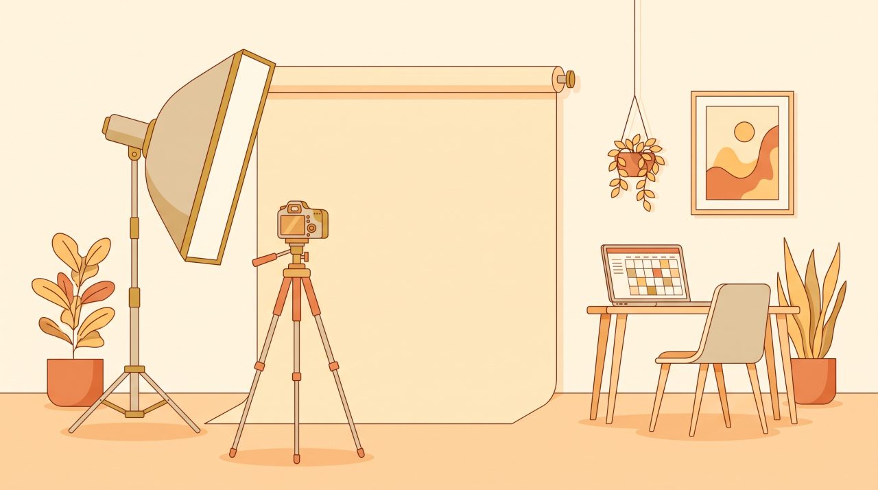 Editorial illustration of a bright photography studio with a softbox light, camera on a tripod, and a laptop showing a booking calendar