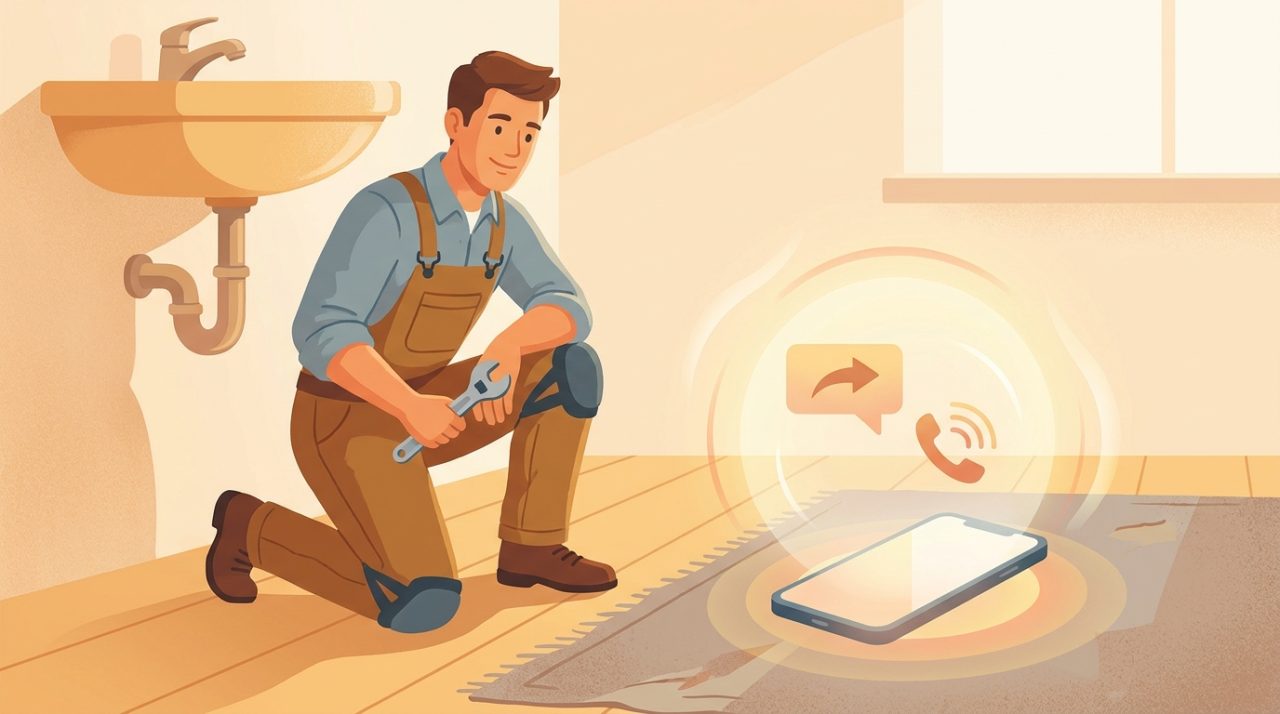 Illustration of a plumber working under a sink while a glowing smartphone nearby automatically answers missed calls and messages