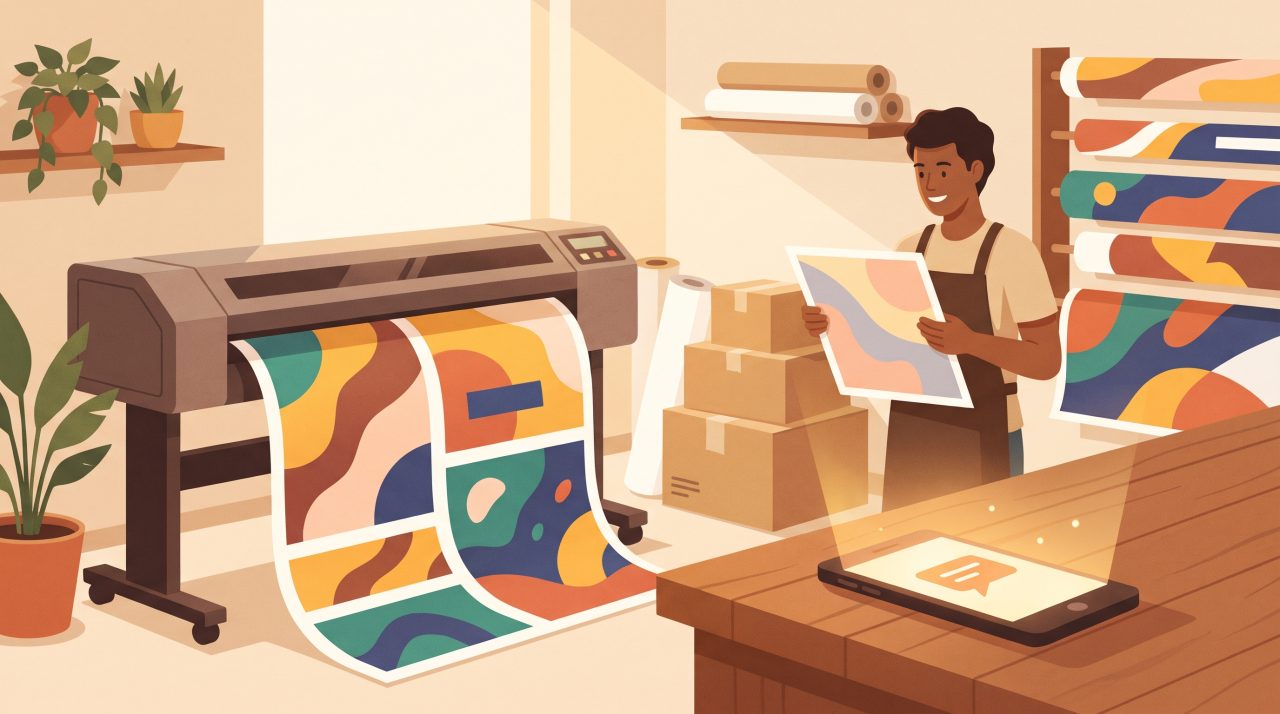 Editorial illustration of a small print shop with a large format printer, a shop owner reviewing a proof, stacked custom printed boxes and banners, and a smartphone showing a chat bubble representing an AI messaging assistant