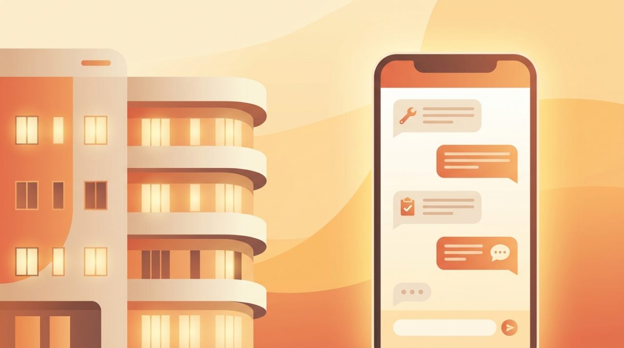 An illustration of an apartment building beside a smartphone showing a friendly maintenance request chat conversation