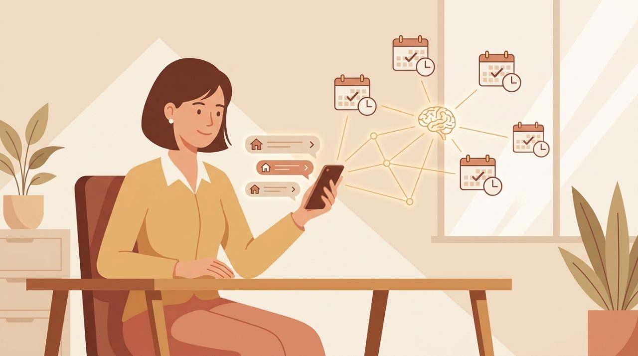 Illustration of a real estate agent at a desk with a smartphone showing property inquiry chat bubbles, house icons, and a calendar, with a subtle glowing AI assistant connecting the messages, in warm amber tones.
