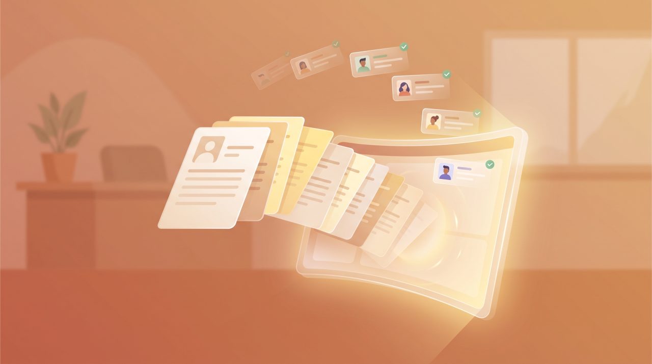 Editorial illustration of resumes flowing into a glowing digital interface with candidate profile cards and checkmarks, in warm amber tones