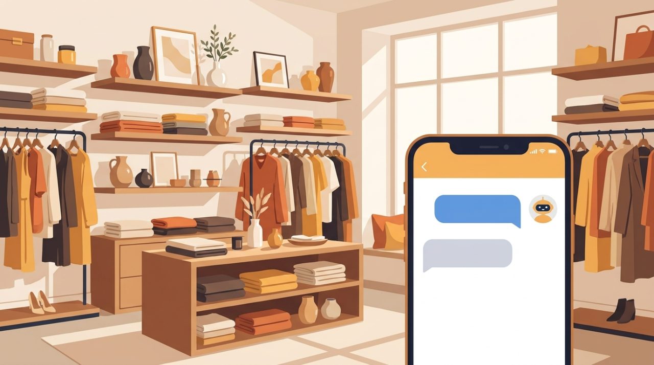 A small retail boutique interior with shelves and clothing racks, and a smartphone in the foreground showing an AI chat conversation about product availability, in warm amber tones.