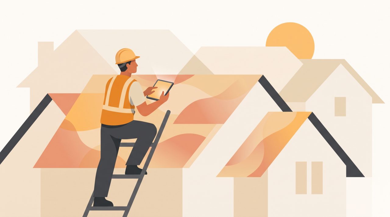Illustration of a roofing contractor on a ladder inspecting a residential roof while holding a tablet, in warm amber tones