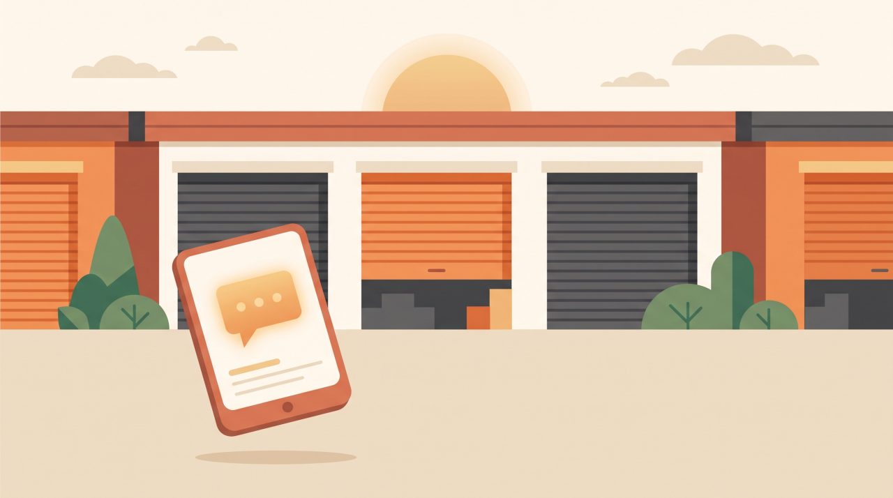 Editorial illustration of a row of self-storage unit doors with a glowing phone in the foreground representing an AI chat conversation