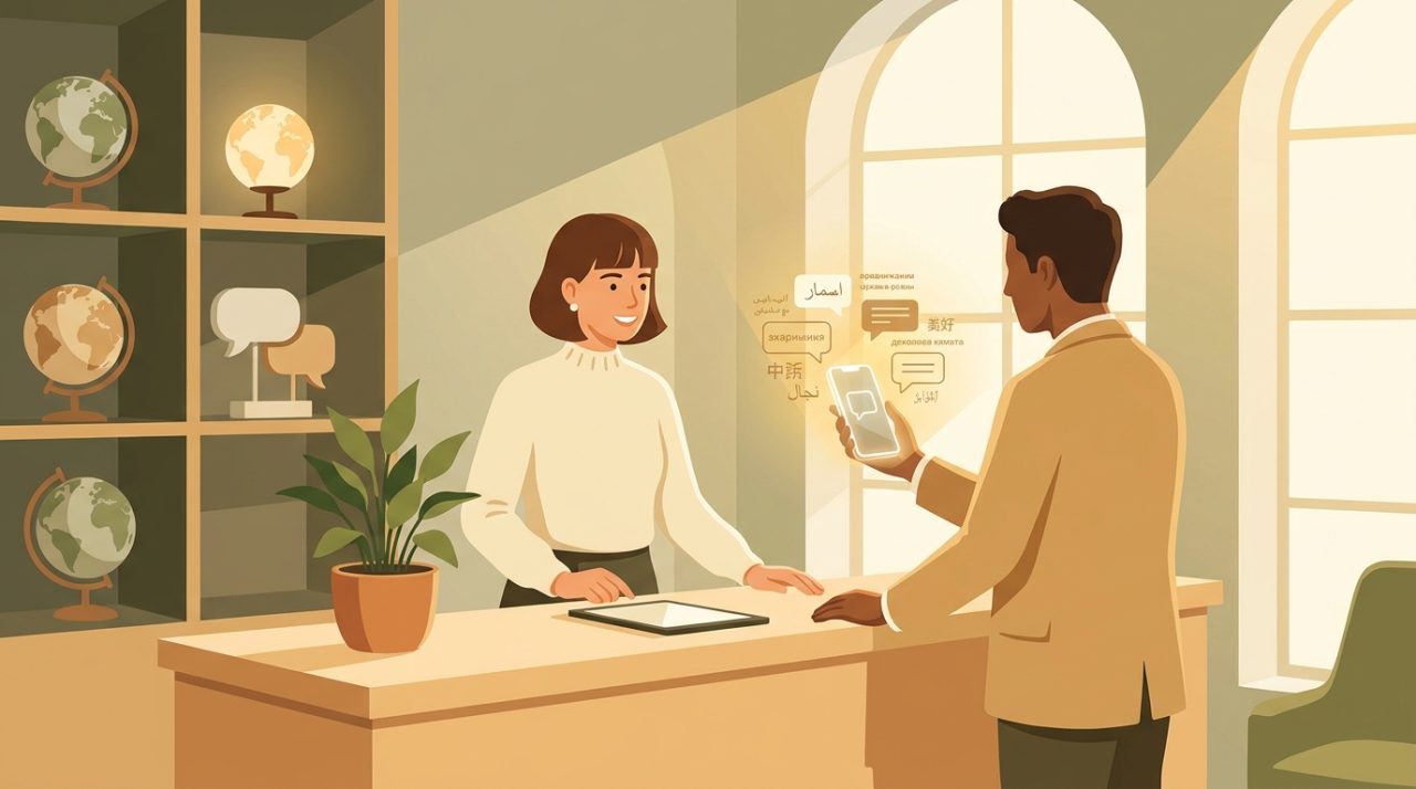 Editorial illustration of a boutique hotel front desk with a glowing smartphone chat bubble showing a multilingual guest conversation in warm amber tones