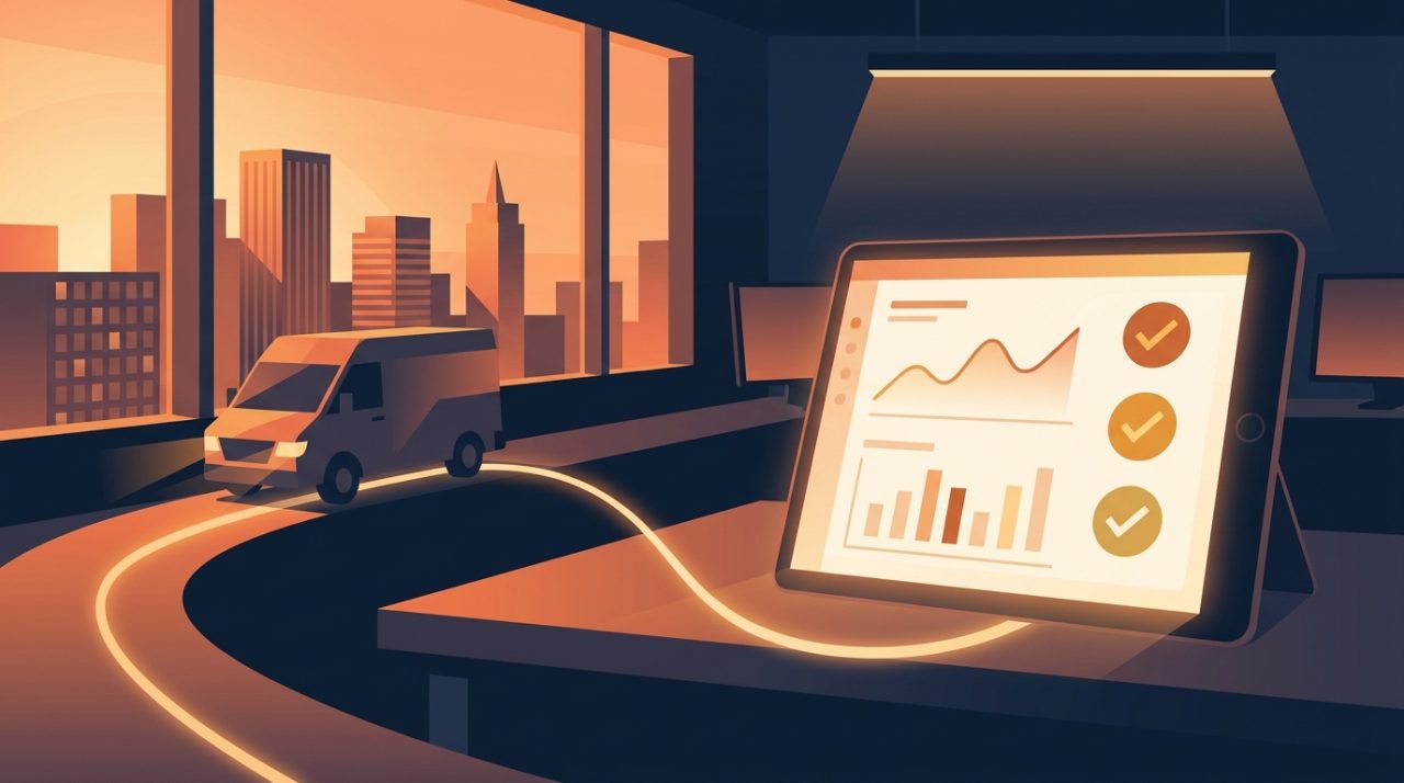 Editorial illustration of delivery trucks and route data flowing into an automated daily report dashboard, warm amber tones