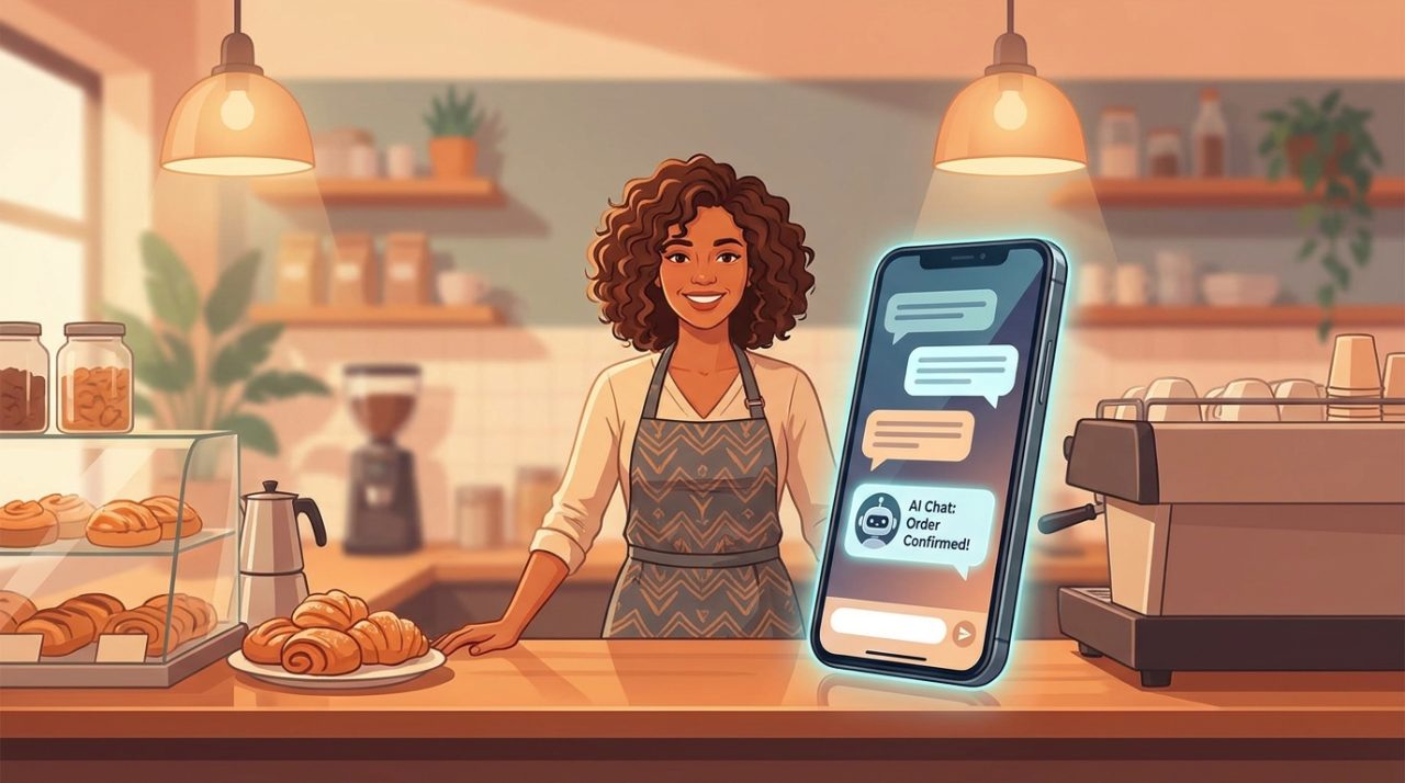 A small restaurant owner smiling while an AI assistant replies to customer WhatsApp orders on a phone