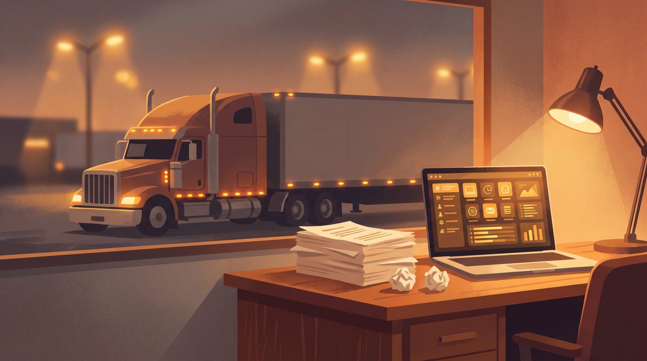 Illustration of a small trucking office where paper delivery documents turn into digital data on a laptop, with a semi truck outside the window