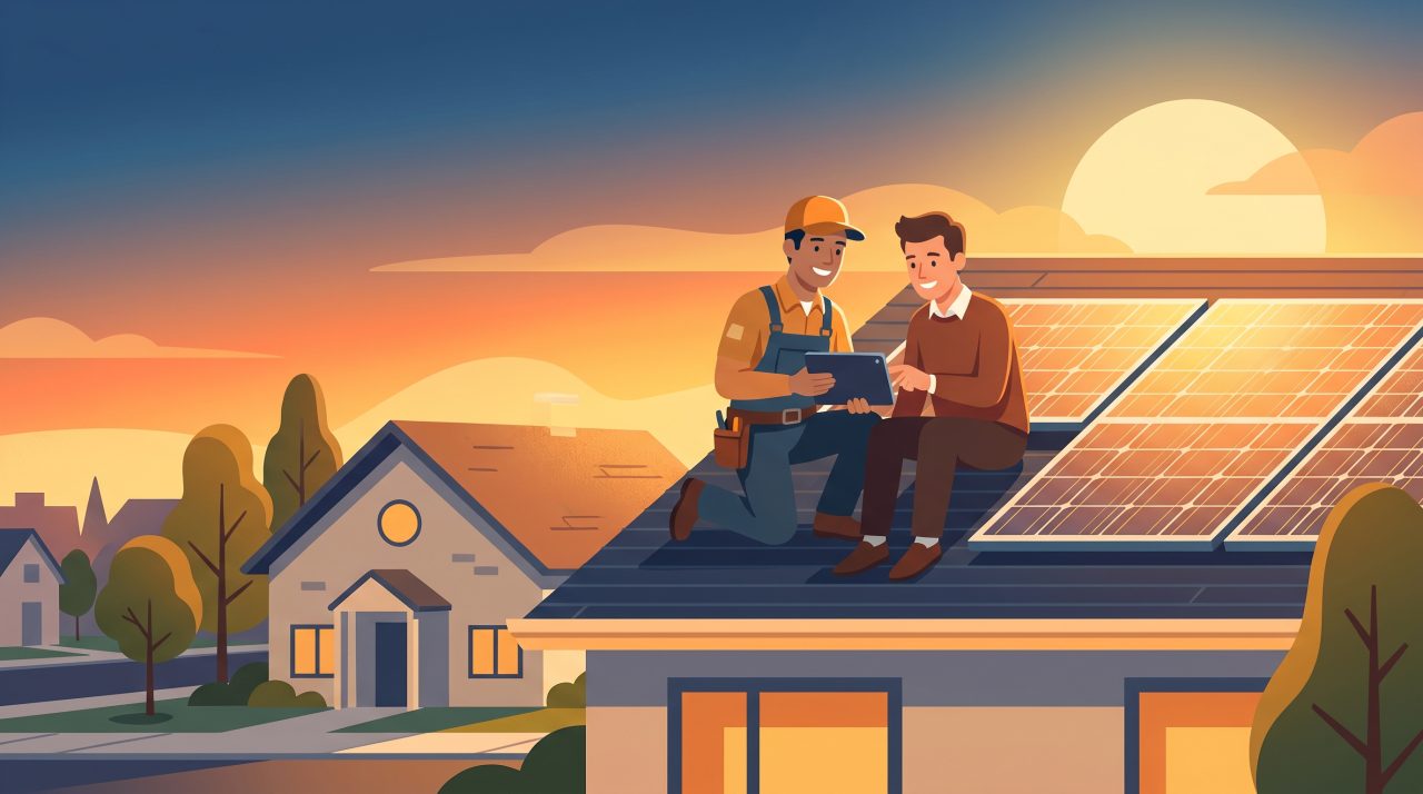 Illustration of a solar panel installer and homeowner reviewing a tablet together on a sunset-lit suburban rooftop