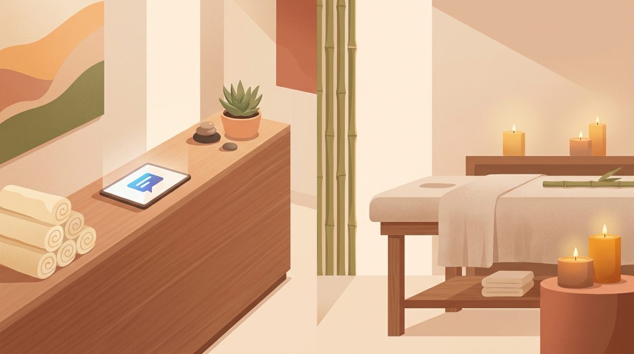 Editorial illustration of a calm spa reception counter with a glowing tablet showing a simple chat interface, surrounded by rolled towels, a candle, and spa stones