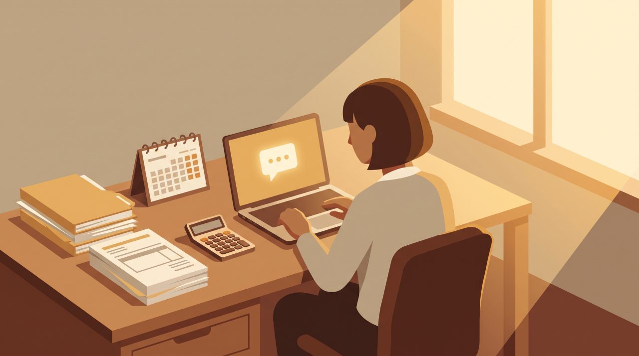 Editorial illustration of a tax preparation office desk with a laptop showing a chat bubble icon, folders, a calculator, and a calendar in warm amber tones