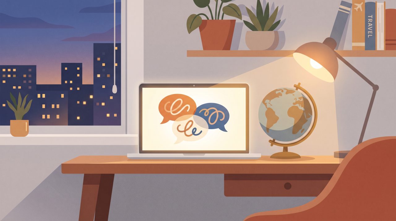 Editorial illustration of a small tour operator's booking desk with a warm amber glow, a laptop showing chat bubbles in different scripts, and a world map suggesting international travelers, no text or logos