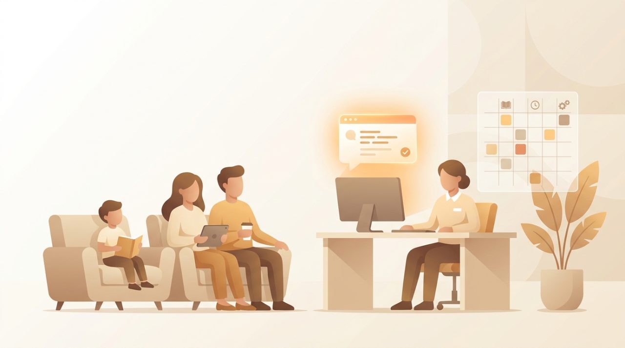 Illustration of a tutoring center front desk with a staff member beside a chat interface answering an enrollment question, a class timetable floating nearby, and parents waiting with a student.