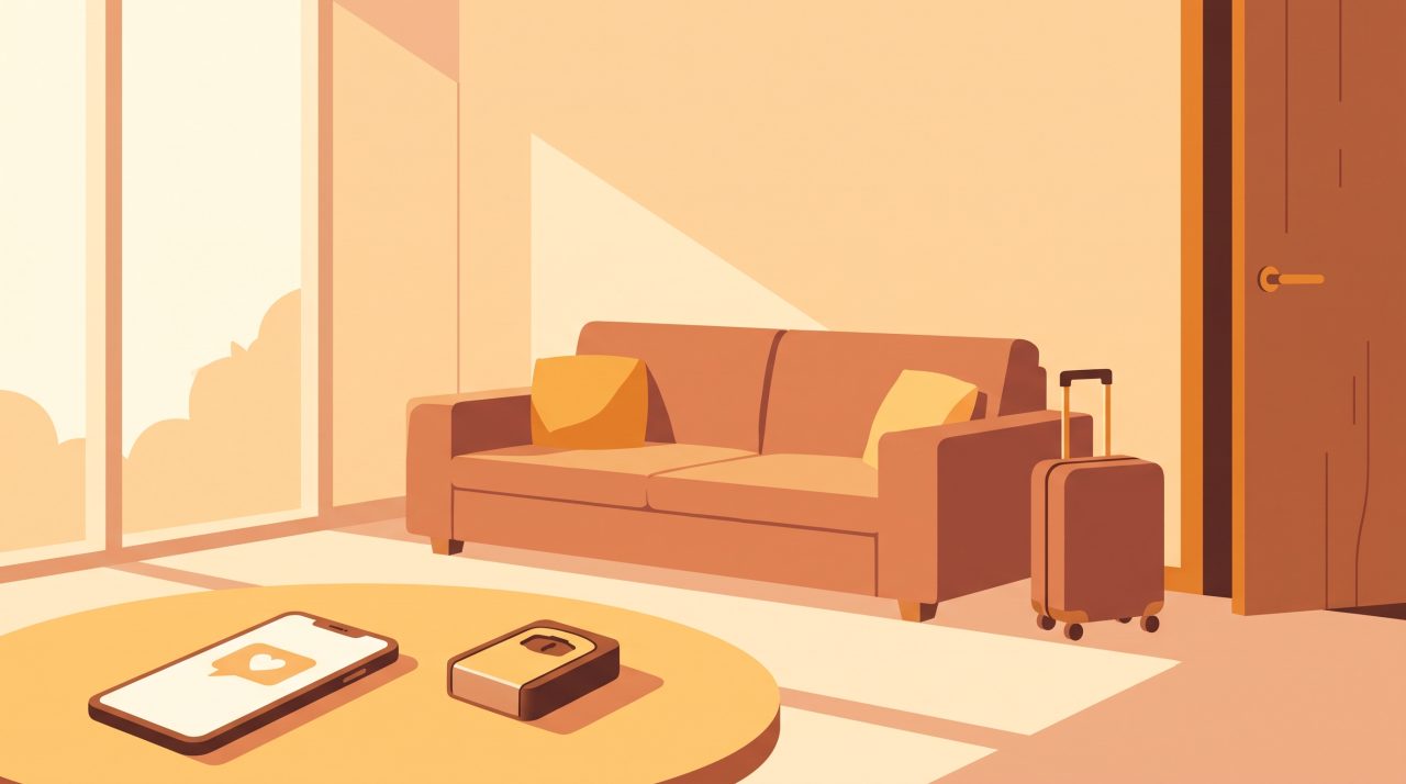 Editorial illustration of a cozy vacation rental living room with warm light, a smartphone showing a chat conversation on a coffee table, a house key near the door, and a guest's suitcase, symbolizing AI-assisted guest messaging