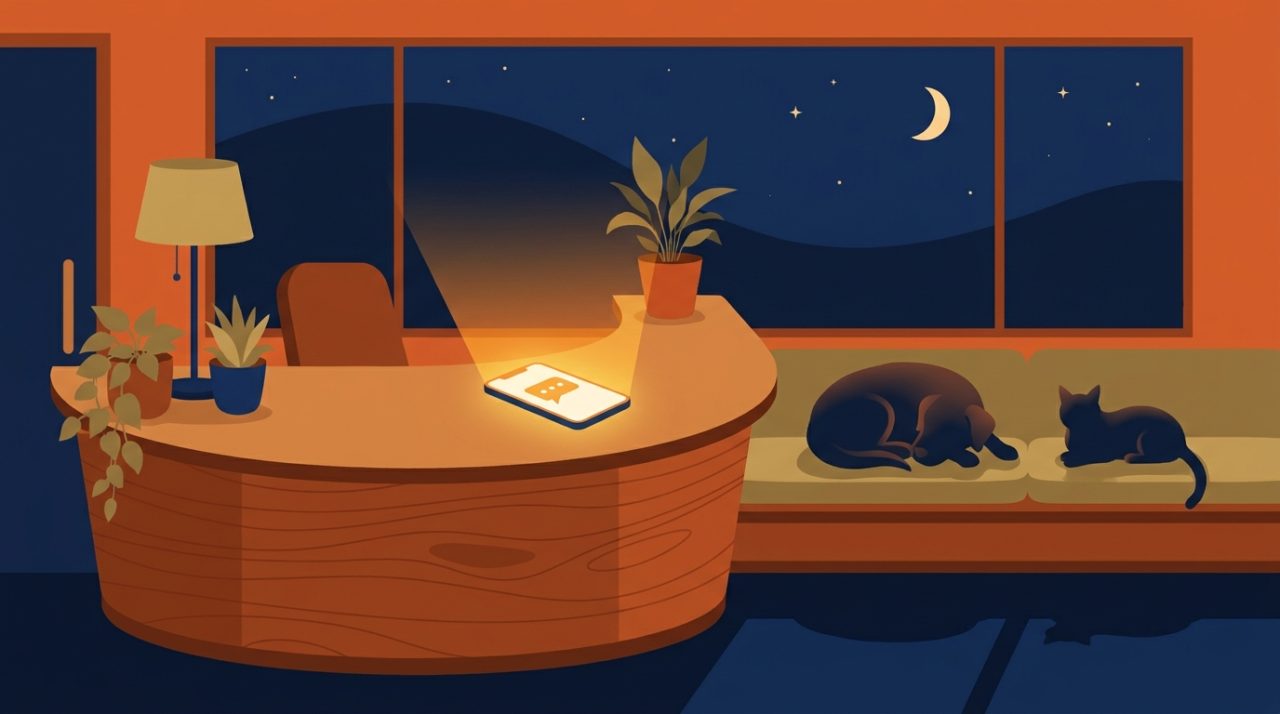 Warm editorial illustration of a veterinary clinic reception at night with a glowing chat bubble on a phone screen, a dog and cat silhouette nearby, amber accent lighting