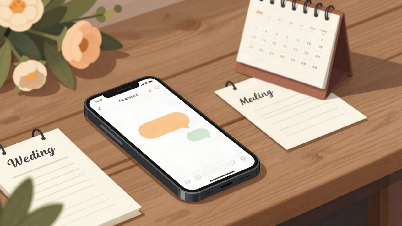 Editorial illustration of a wedding planner's phone showing a warm chat conversation with a couple, surrounded by soft floral and calendar motifs in amber tones