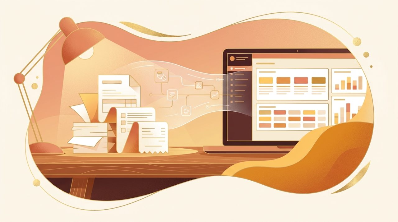 A stack of paper invoices and receipts on a desk transforming into neat rows of organized digital data on a laptop screen, in warm amber tones.