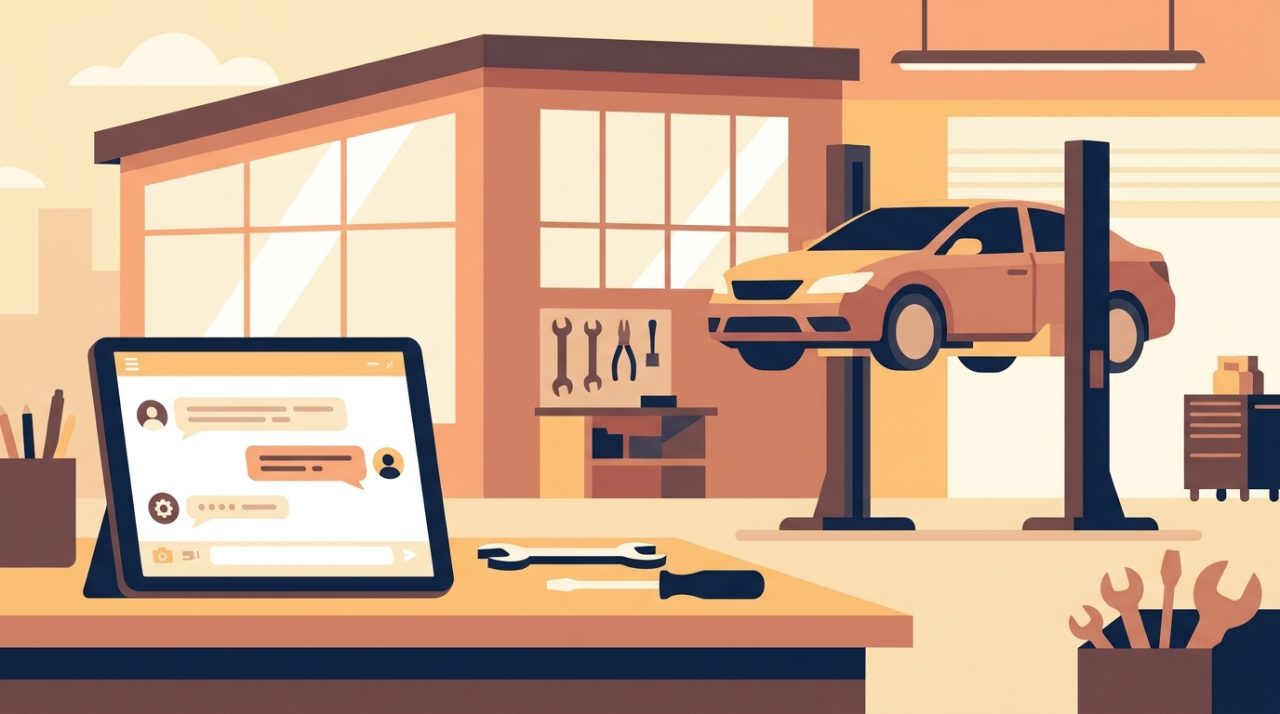 Editorial illustration of a bright auto repair garage with a car on a lift and a phone showing a friendly chat quote interface
