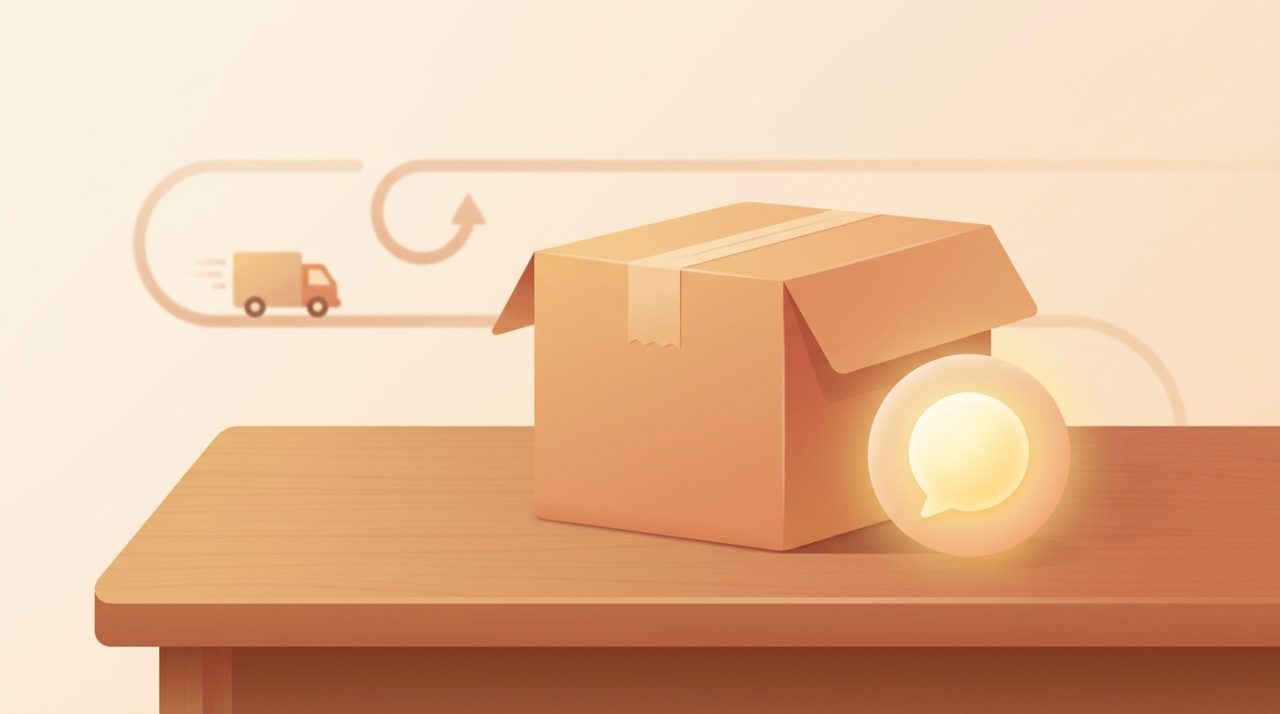 Editorial illustration of a shipping package next to a glowing chat bubble with a delivery truck in the background, warm amber tones
