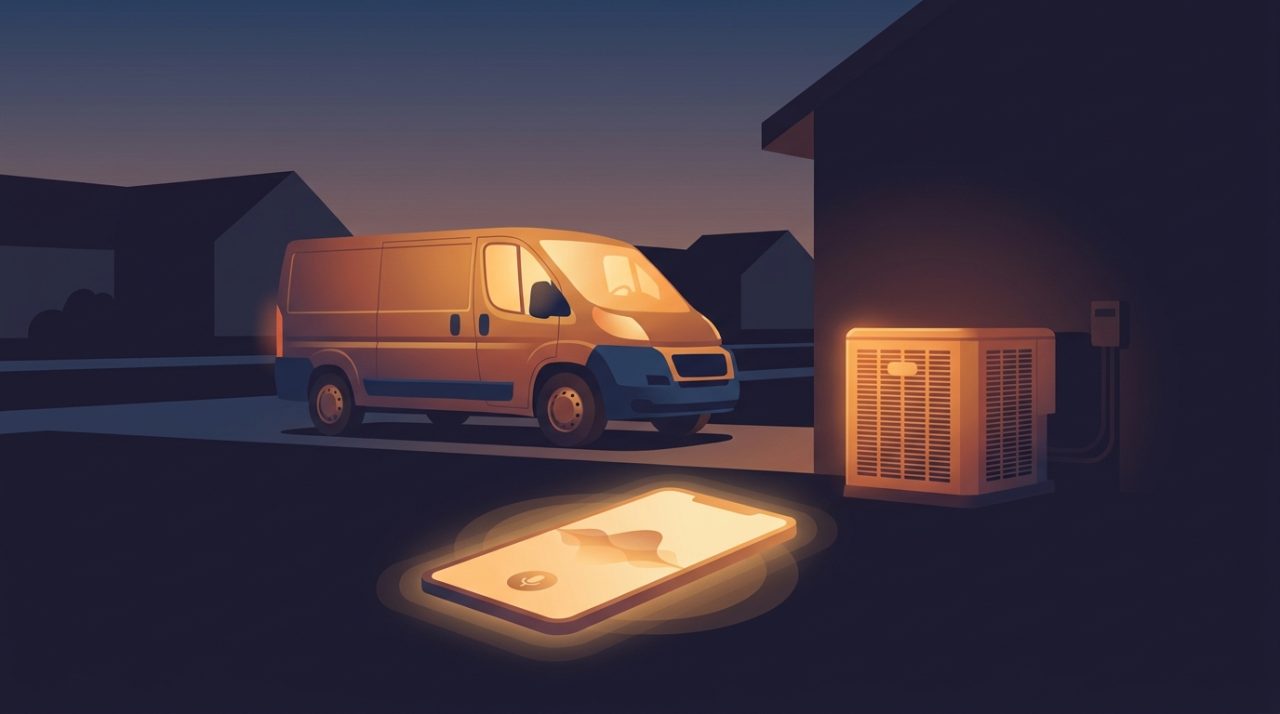 Editorial illustration of an HVAC service van parked outside a home at night, with a glowing smartphone and an outdoor AC unit lit in warm amber tones against a dusk-blue sky.