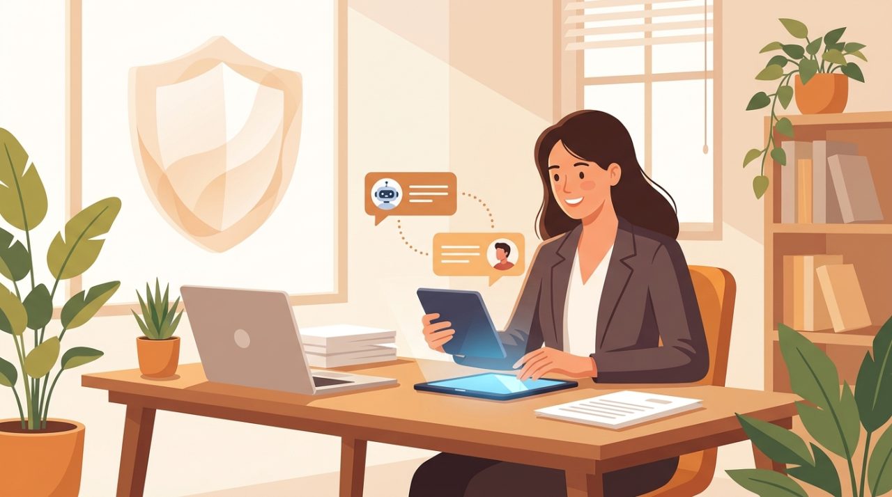 Illustration of a friendly insurance agent using an AI chat interface on a screen to help a customer, warm office setting with amber tones